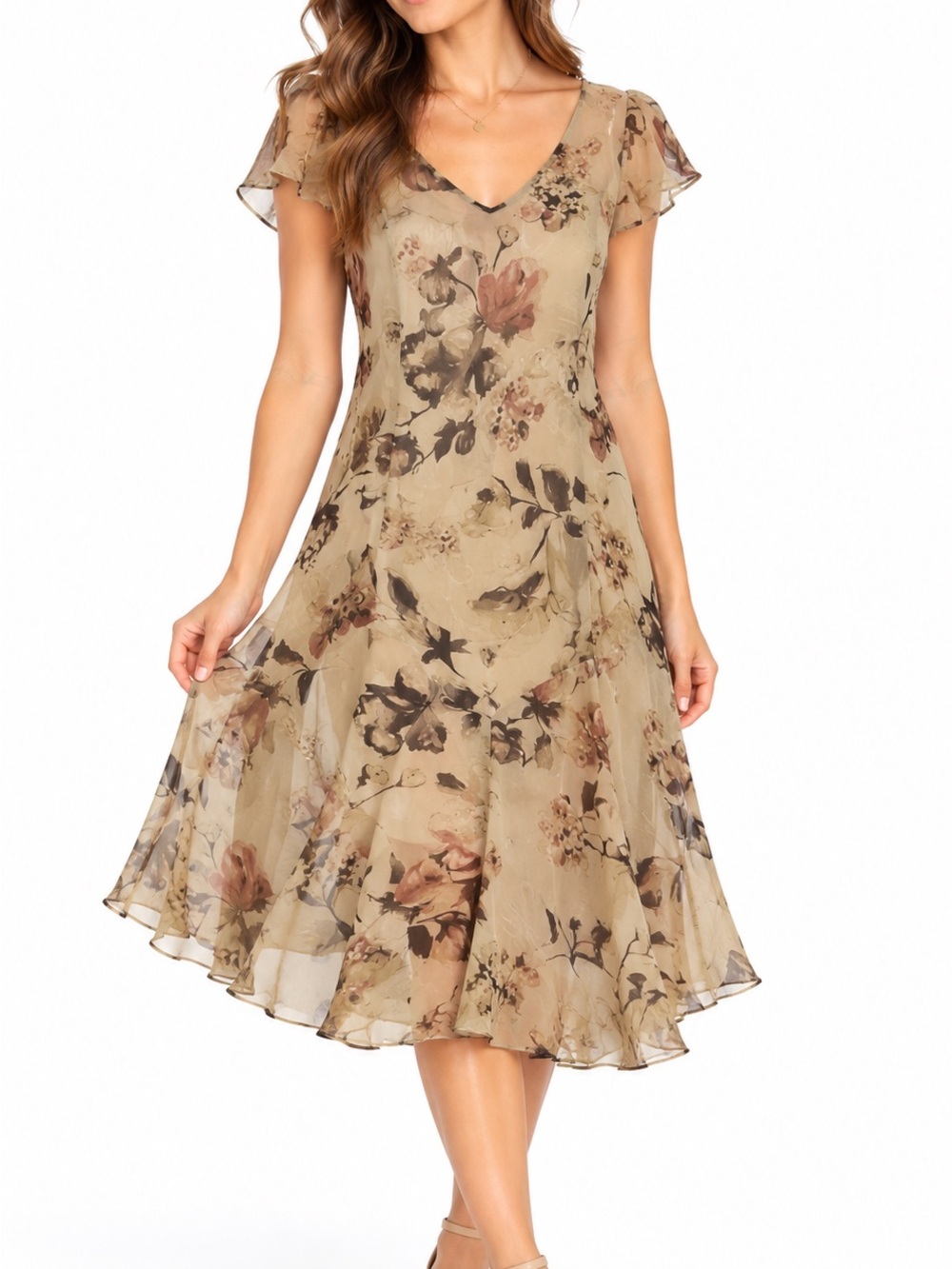 Lauren Ralph Lauren 2-piece Georgette Drop Waist Neutral Floral Dress Size 10